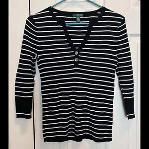 Lauren Ralph Lauren Womens Top Size Small Petite Black Striped Long Sleeve V Nec